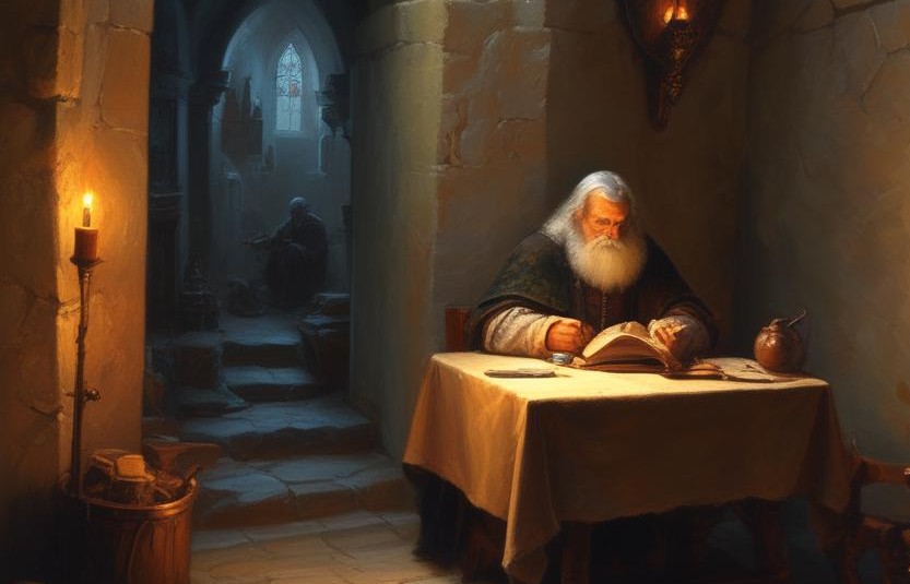 a Prague alchemist at the court of Rudolph II reads an ancient book in his laboratory